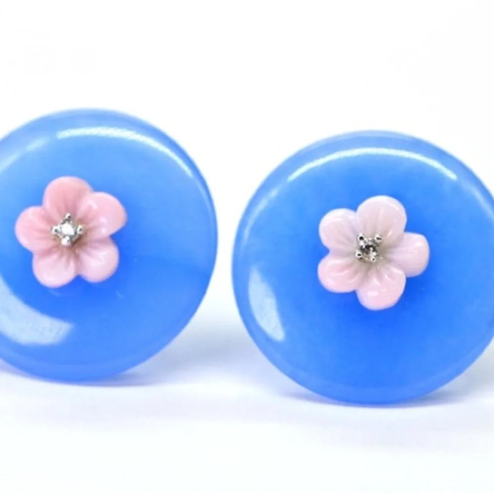 .925 Blue Jade Flower Stud Earrings floral Stud Sterling silver post earrings - Picture 4 of 9